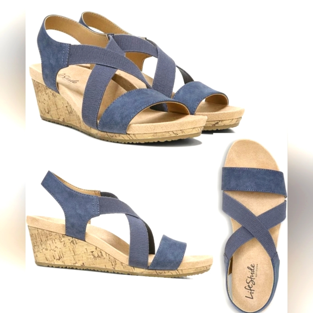 Lifestride Mexico Wedge Soft System Sandals Navy 9M  NWOT